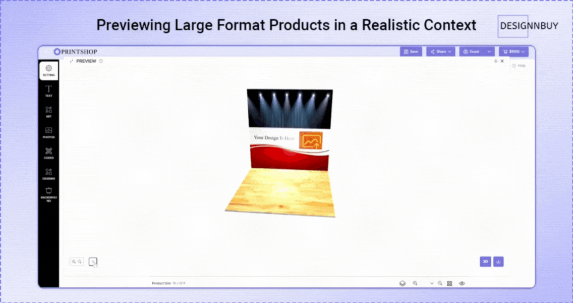 Previewing large format designs in a realistic 3D view inside print software before customer approval
