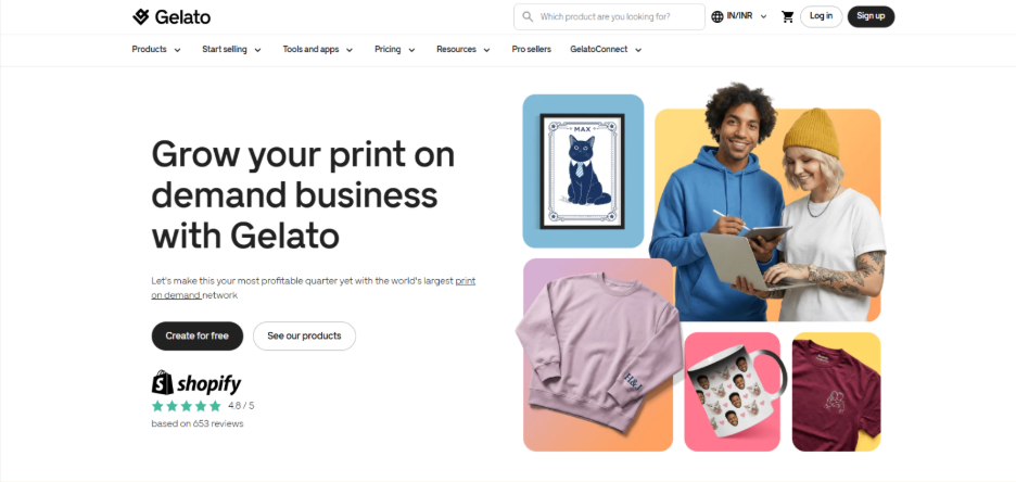 Gelato platform homepage showing apparel and photo products for global print on demand fulfillment