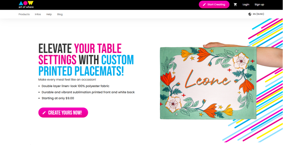 Art of Where website displaying custom printed placemats and home decor products