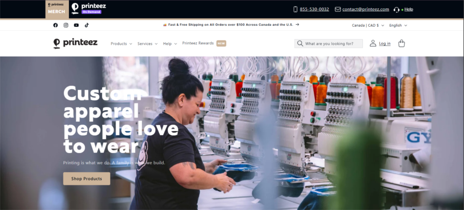 Printeez production facility showing custom apparel printing and embroidery work in Canada