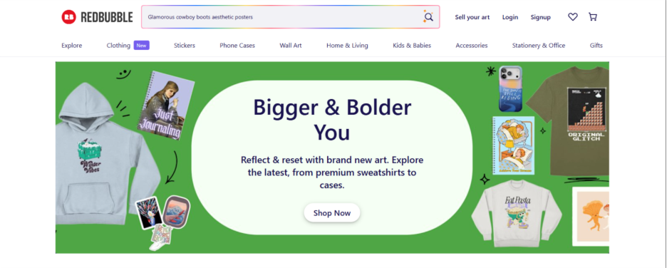 Redbubble marketplace showcasing artist-designed apparel, stickers, and home products