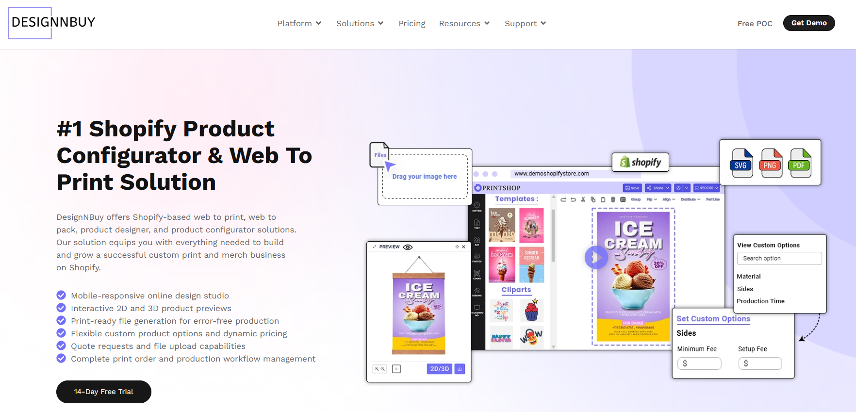 AI-powered web to print software homepage for Product Personalization Shopify Apps with pricing, customization, and ordering features