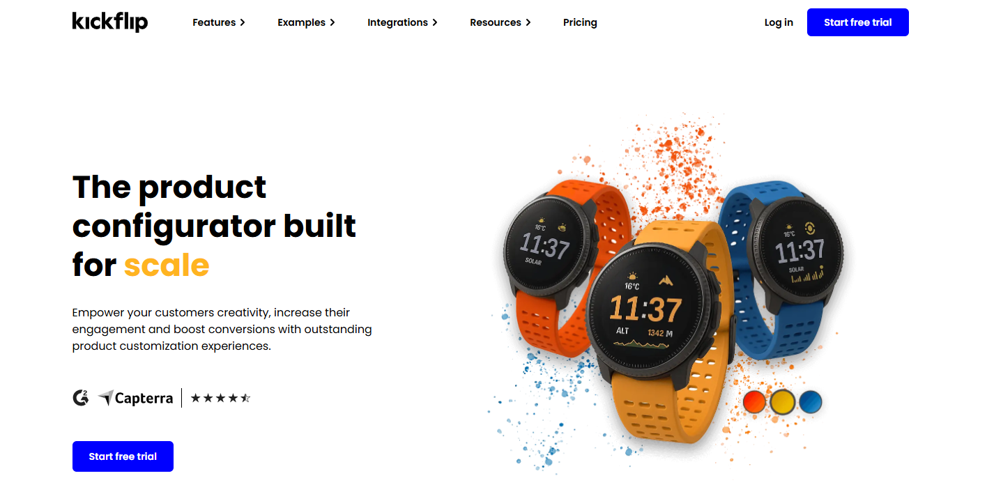Kickflip product configurator showing customizable smartwatches with color options for Product Personalization Shopify Apps