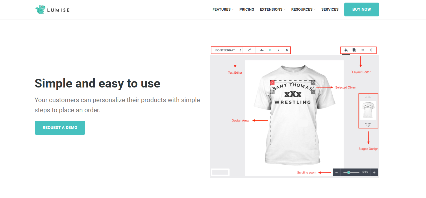 Lumise product design editor interface showing t-shirt customization tools in woocommerce product designer plugin