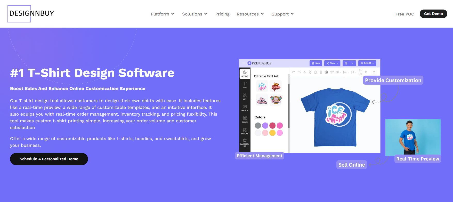 AI tshirt designer software interface showing online t-shirt design editor with real-time preview and customization tools