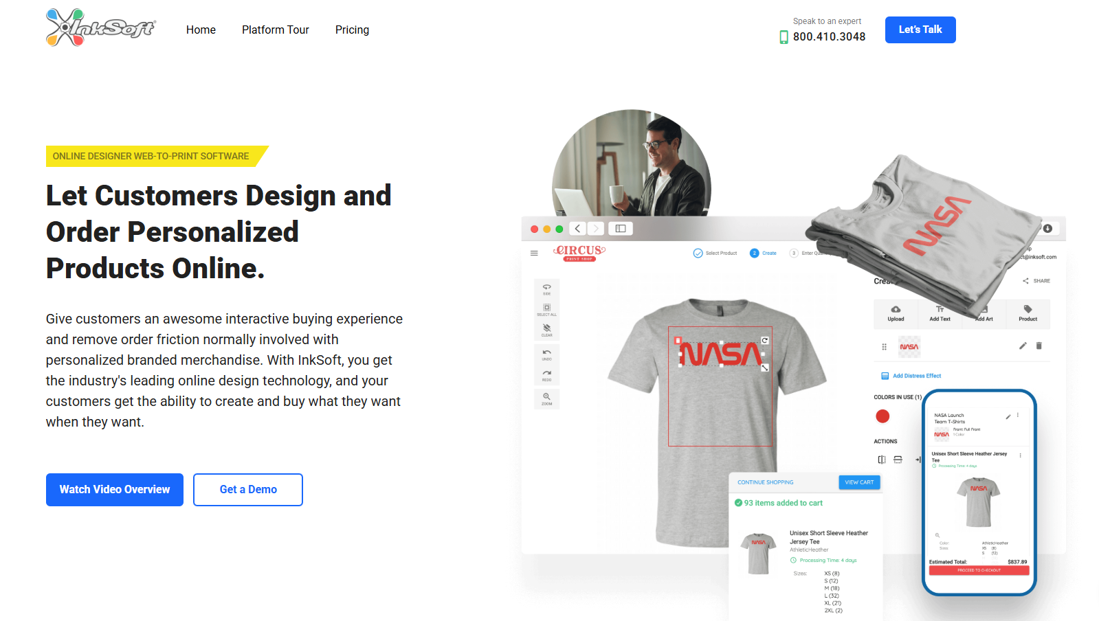 AI tshirt designer and web to print software interface showing online product designer and customization workflow